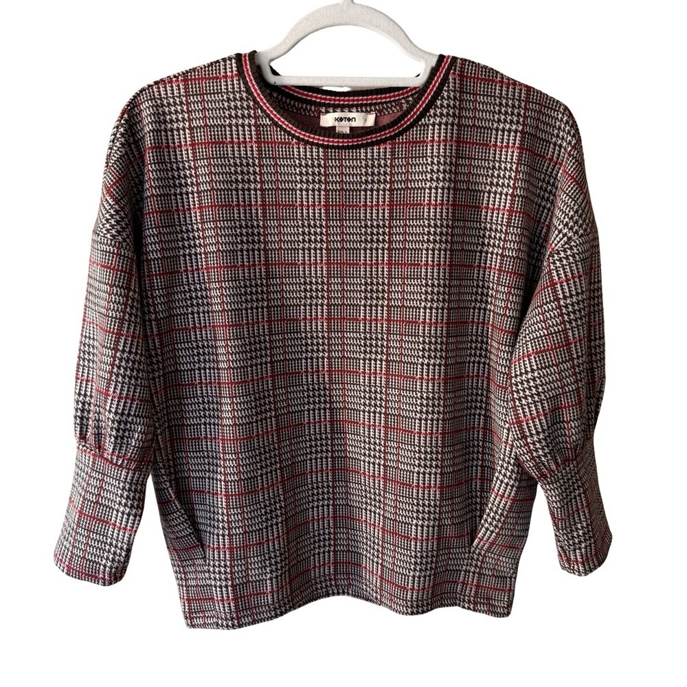 Koton Women's Plaid Crew Neck Sweater - Black, Red, and White 3/4 Sleeves Size S